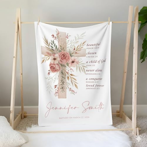 Personalized Baptism Blanket for Girl, Custom Floral Cross Baby Blanket, Christian Christening Gift, Catholic Scripture Throw Blankets, Baptized in Christ Blankets, Goddaughter Keepsake - color: #Ver7