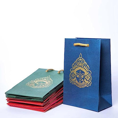 Desi Favors Durga Mata Paper Bags - Indian Gifts, Durga, Party Favor, Goodie Bags - Small (5x3x8 Inch) for Diwali, Pooja, Housewarming, Wedding Return Gifts (Pack of 8) - style: Durga Mata Paper Bags