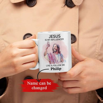 Christian Personalized Mug - Religious Accent Cup 11oz 15oz, Customized Humorous Design for Adults, Funny Jesus Coffee Cup, Ceramic Gift - color: XUA-324-1564-JESUS IS MY INFLUENCER MUG