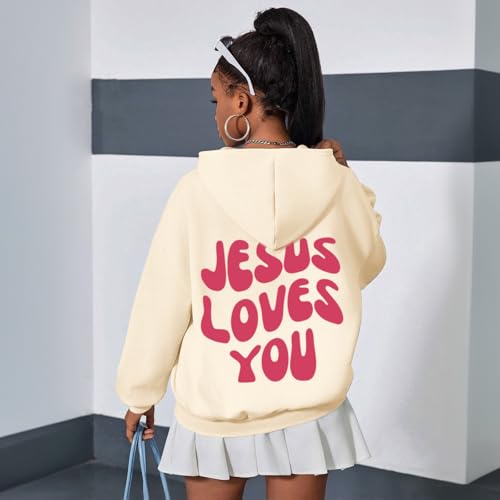 Christian Jesus Loves You Hoodie For Teen Girls Cute Graphic Hoodies Kids Bible Verse Faith Sweatshirt God Pullover - color: Apricot, size: 7-8 Years