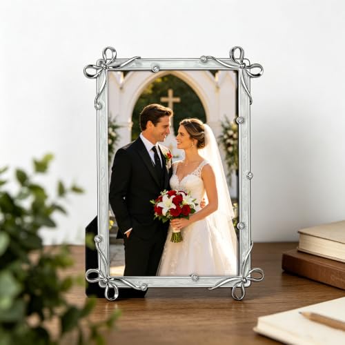 Classic Home Collection Silver Photo Frame, 4x6 Inch, Bow Accents with Crystal, Decorative Picture Frame (Silver) - color: Silver