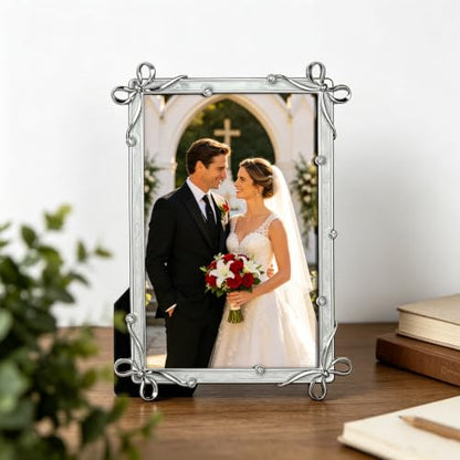Classic Home Collection Silver Photo Frame, 4x6 Inch, Bow Accents with Crystal, Decorative Picture Frame (Silver) - color: Silver
