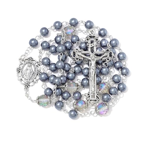 KOMI 6 MM Pearl Rosary Beads With Crucifix, Catholic Necklace for Women With Velvet Bag or Rosary Box - style: Rosary-4