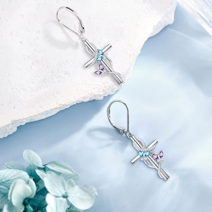 Flower Cross Earrings 925 Sterling Silver Daisy Butterfly Lily Violet Mushroom Dangle Drop Earrings Birth Flower Jewelry for Women Birthday Christmas Gifts - style: Butterfly Cross