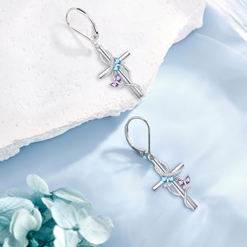 Flower Cross Earrings 925 Sterling Silver Daisy Butterfly Lily Violet Mushroom Dangle Drop Earrings Birth Flower Jewelry for Women Birthday Christmas Gifts - style: Butterfly Cross