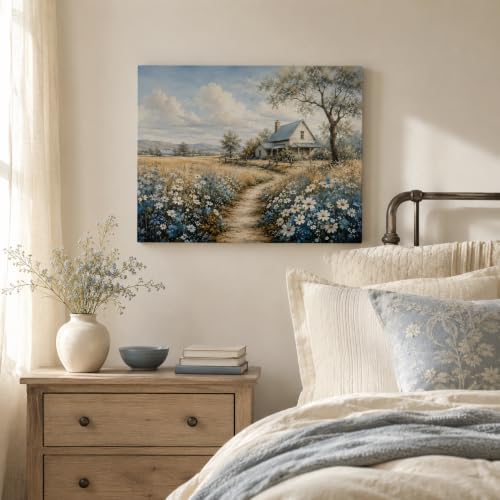 Farmhouse Landscape Framed Canvas Wall Art Wildflower Picture 12x16 Inches - color: Farmhouse Landscape, size: 16"L x 12"W