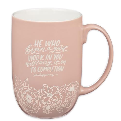 Christian Art Gifts Large Scripture Ceramic Novelty Coffee Mug for Women - color: Pink & White Floral/Began a Good Work