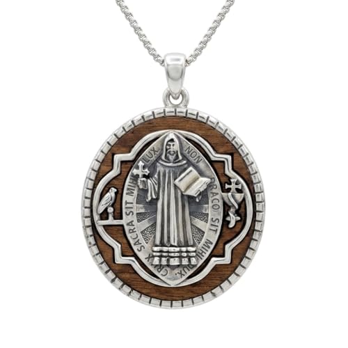 ONEFINITY Wooden Necklace Viking Wolf/St Benedict Medals/St Michael/Crucifix/St Christopher Pendant Necklace for Men Archangel Amulet Wooden Religious Jewelry Gifts for Men Women - style: St Benedict-Round
