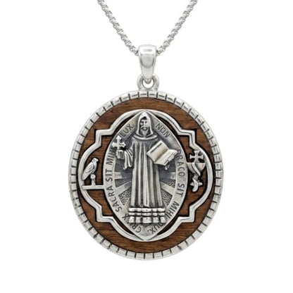 ONEFINITY Wooden Necklace Viking Wolf/St Benedict Medals/St Michael/Crucifix/St Christopher Pendant Necklace for Men Archangel Amulet Wooden Religious Jewelry Gifts for Men Women - style: St Benedict-Round