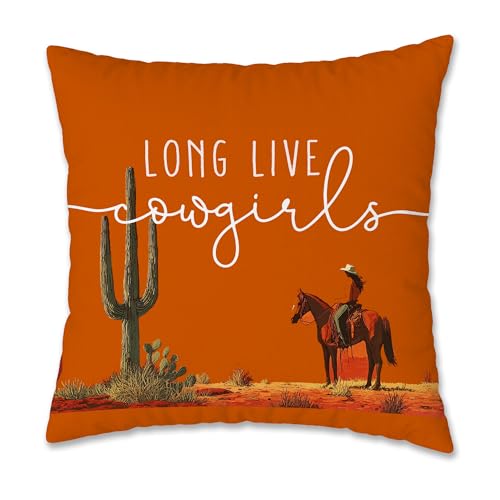 Boho Orange Western Cowgirl Pillow Cover 18x18, Long Live Cowgirls Rustic Southwest Cactus Desert Decorative Pillow Cover Pillowcase for Girls Dorm Bedroom Home Living Room - color: Western Cowgirls-1