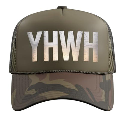 YHWH Christianity Jesus Christian Faith Trucker Hat with Adjustable Mesh Back - color: Camo Green