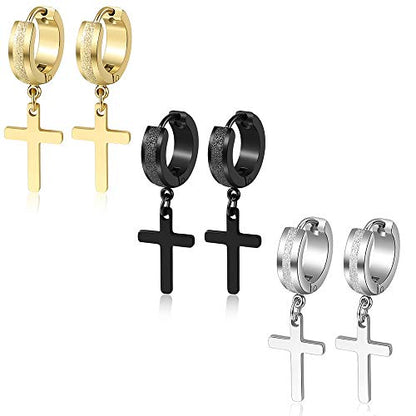 Men Women Stainless Steel Cross Earrings Set Dangle Hinged Earrings of Dangle Hinged Earrings Cross hoop Earrings - color: 3 Pairs Cross Earrings (Black+Silver+Gold) Scrub Small