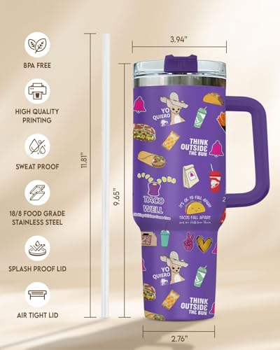 Funny Taco Tumbler 40oz with Handle and Straw, Taco gifts - color: Taco Purple