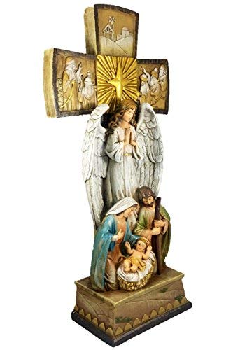 Christian Brands Beautiful Christmas 14" H Tabletop Nativity Cross. One Piece Nativity Set with Figures of The Holy Family and and Holy Spirit Angel and Detailed Carvings of Three Kings, Shepherds