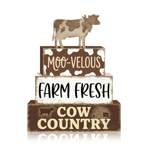 Britimes Tiered Tray Decor Set, 4 Pack, Wooden Table Sign, Cow Farmhouse - style: Brown Cow
