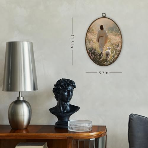 Gnmduw Christian Jesus and Lamb Oval Wall Art Framed, Christian Jesus Leaves the 99 Sheep Canvas Prints Hanging Decor, Easter Religious Wall Decor for Home Prayer Room Living Room, 8.7x11.3 Inch - color: christ9, size: 11.3"L x 8.7"W