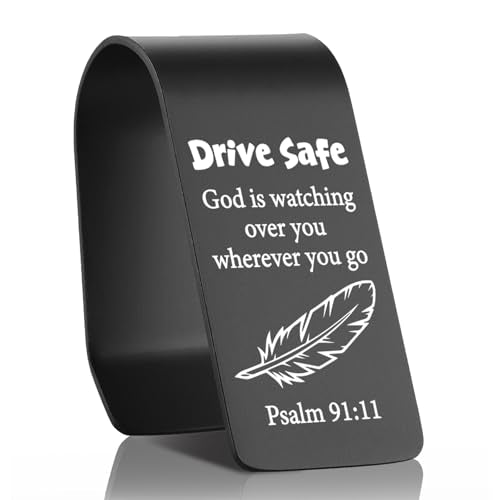 Drive Safe Christian Car Visor Clip Stainless Steel, God is Watching Over You Psalm 91:11 Engraved Reminder, Faith Based Safe Driving Gift, Religious Car Accessory for Men Women EDG38 - color: Black-G38
