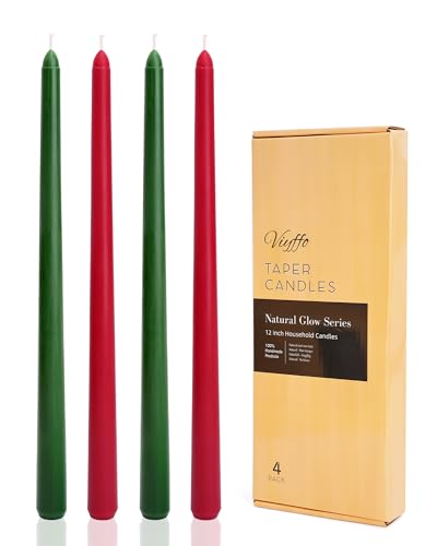 Viyffo 12 Inch Taper Candles 8-Hour Burn Christmas Edition, 4 Pack - color: 12 Inch Green and Red Christmas