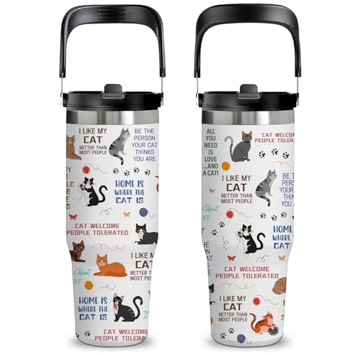 30oz Insulated Tumbler with Top Handle and Flip Straw, Gift for Cat Lovers - color: Cat1