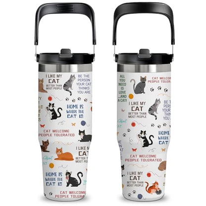 30oz Insulated Tumbler with Top Handle and Flip Straw, Gift for Cat Lovers - color: Cat1