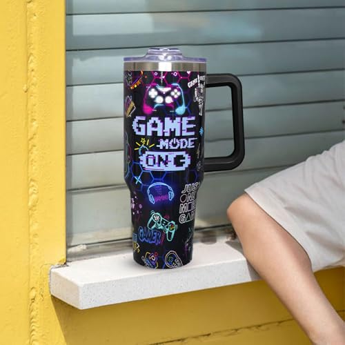 40oz Gamer Tumbler With Handle Lid and Straw,Cool Gamer Gift For Boys/Girls,Video Game Gifts,Gaming Gifts For Men/Women Stainless Steel Insulated Bottle Travel Mug Coffee Cup - color: Gamer 40oz