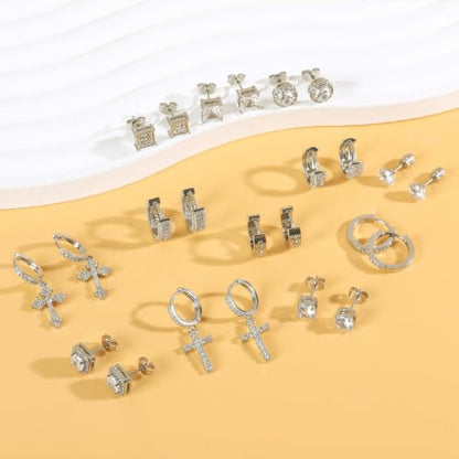 NEWITIN 12 Pairs Silver Earrings for Men Women Halo Stud Earring Set - color: Silver A