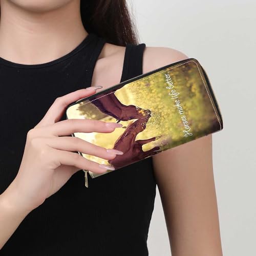 Women's Horses Make Life Better Print PU Leather Zipper Wallet, Large Capacity, Compact, Black - color: Horses Make Life Better
