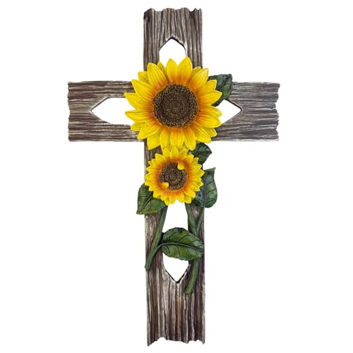 Top Brass Rustic Sunflower Wall Cross – 12” Inspirational Christian Home Décor with Sunflowers & Weathered Wood-Look Finish – Decorative Resin Garden Art