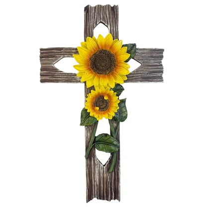 Top Brass Rustic Sunflower Wall Cross – 12” Inspirational Christian Home Décor with Sunflowers & Weathered Wood-Look Finish – Decorative Resin Garden Art