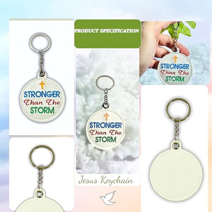 Handmade Jesus Keychain Pink PU Leather Embroidered Inspirational Quote Bag Charm, Christian Faith Keychain - color: Stronger