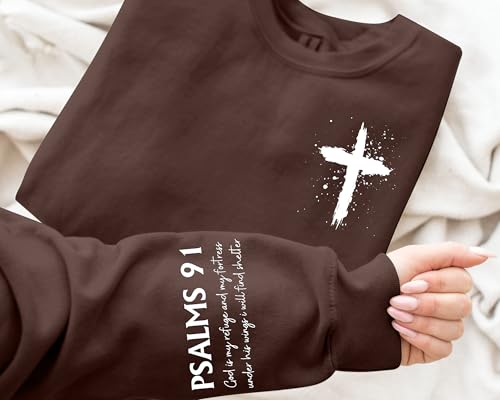 MOUSYA Women Christian Sweatshirt Psalms 91 Sleeve Print Sweatshirt Bible Verse Pullover - color: Brown, size: XX-Large