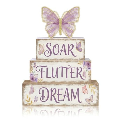 Britimes Tiered Tray Decor Set, 4 Pack, Wooden Table Sign, Butterfly Floral - style: Butterfly