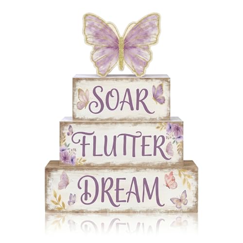 Britimes Tiered Tray Decor Set, 4 Pack, Wooden Table Sign, Butterfly Floral - style: Butterfly