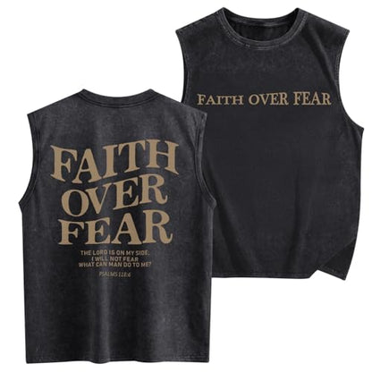 Mens Christian Sleeveless Shirts Faith Over Fear Graphic Tank Tops Gym Workout Acid Wash Tanks Cut Off Muscle Shirt - color: Black, size: Small