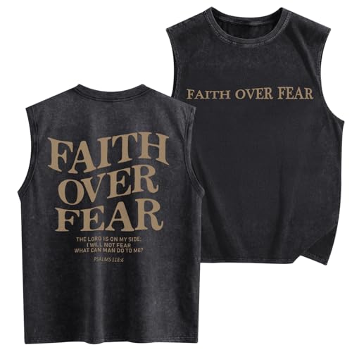 Mens Christian Sleeveless Shirts Faith Over Fear Graphic Tank Tops Gym Workout Acid Wash Tanks Cut Off Muscle Shirt - color: Black, size: Small
