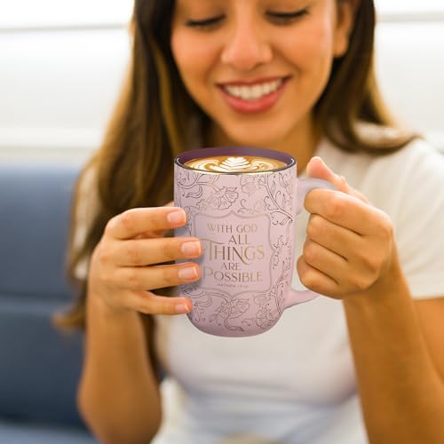 Christian Art Gifts Large Ceramic Coffee Bible Verse Mug for Women - color: All Things are Possible/Pink & Rose Gold Floral