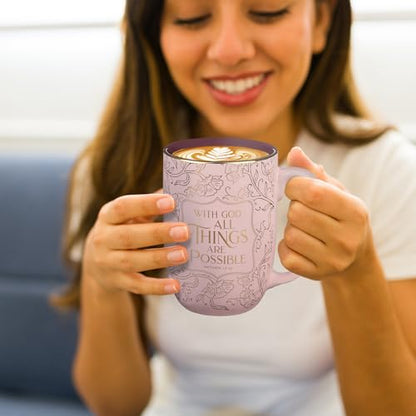 Christian Art Gifts Large Ceramic Coffee Bible Verse Mug for Women - color: All Things are Possible/Pink & Rose Gold Floral