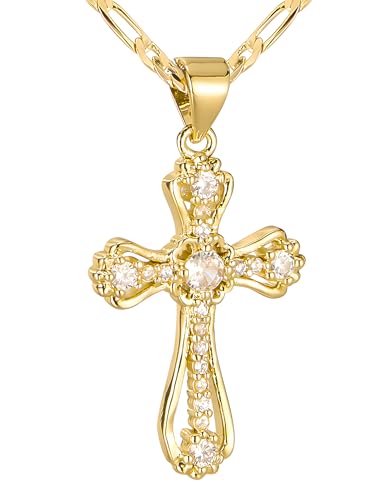 14K Gold Plated Cross Necklace for Women, Cubic Zirconia Copper Cross Pendant, Valentine Mother's Day Gifts for Her with Jewelry Box Figaro Link Chain, Alloy Infinity CZ Diamond Bridal Wedding - color: Gold