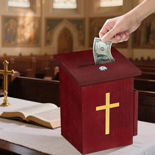 Offering Boxes for Church, Prayer Request Box with Slot and Lock - Wood Gold Cross Collection Fundraising Box Donation Charity Church Tithes - color: Dark Mahogany-1