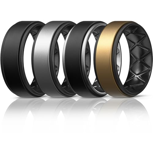 Egnaro Men's Wedding Rings 8mm Wide 2mm Thick Rubber Bands, Breathable and Flexible Step Edge Ring, Variety Multipack 1-7 For Gym Workout Travel Daily Wear - color: SETA-Black Black,Dark Silver Black,Black Dark Silver,Bronze Black, size: 11.5-12