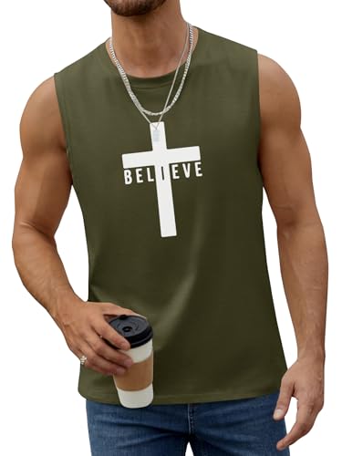 Men's Cotton Graphic Tank Tops Jesus Cross Believe Printed Faith Christian Shirts - color: ##Army Green, size: Large