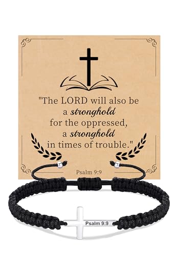 Christian Gifts Cross Bracelet for Men Easter Baptism Religious Gifts for Women Handmade Braided Bracelets Inspirational Confirmation Gifts for Teenage Girl Boys Jewelry - color: Silver, style: Psalm 9:9