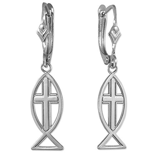 925 Sterling Silver Vertical Cross Ichthus Christian Fish Earrings