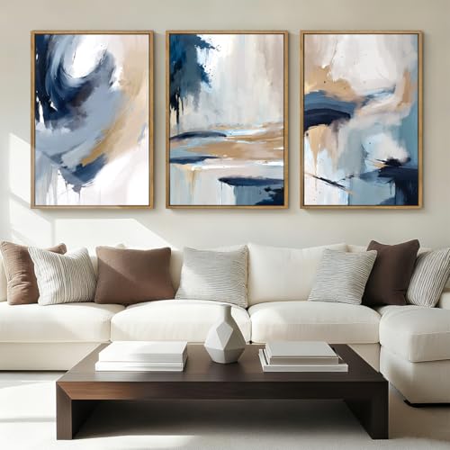 Large Blue Abstract Wall Art Framed Modern Artwork Neutral Wall Decor for Living Room Bedroom Office 16x24 Inch Set of 3 - color: Blue Abstract, size: 24"L x 16"W