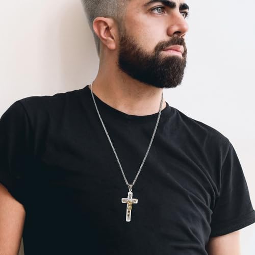 HZMAN Catholic Jesus Christ INRI Cross Crucifix Pendant Necklace for Men - color: Silver & Gold