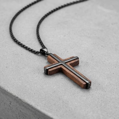 Cross Necklace for Men 925 Sterling Silver & Wood Cross Pendant with Stainless Steel Chain Cross Necklace for Men Women Christian Jewelry Gift - color: Cross-1