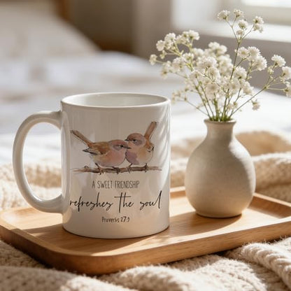 TRENSTIS Bird Christian Friendship Mug, A Sweet Friendship Refreshes the Soul Bible Verse Ceramic Coffee Cup, 11 oz, Best Friend Religious Gifts Coffee Tea Mug
