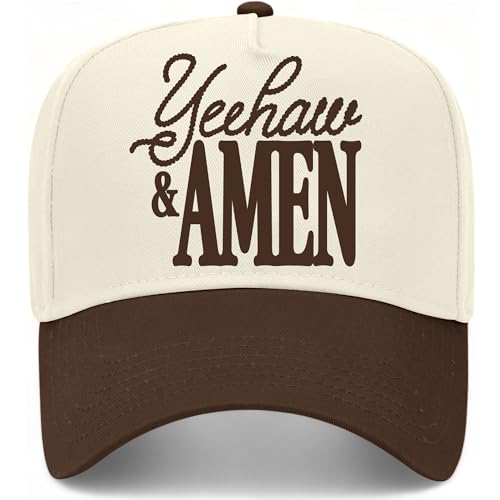 Yeehaw & Amen Hat | Premium Adjustable Christian Snapback Baseball Vintage Trucker Hats for Men & Women - color: Brown/Natural
