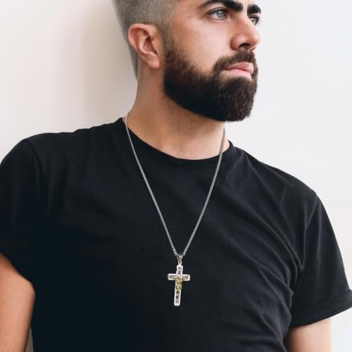 HZMAN Catholic Jesus Christ INRI Cross Crucifix Pendant Necklace for Men - color: Silver & Gold