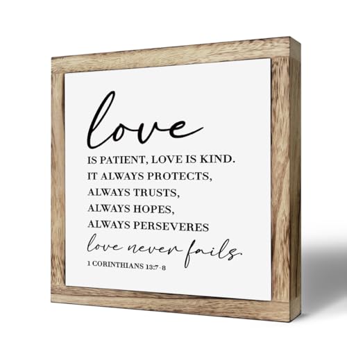 Christian Wood Decor, Master Bedroom Decor, Marriage Gift, Wedding Gift for Couple Wooden Plaques Box Signs 9.8* 9.8, Family Room Decoration, Bible Verse 1 Corinthians 13:7-8 Signs, Love is Patient Signs - color: Christian 12